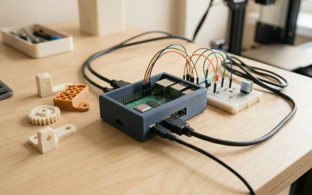 A single-board computer in a printed PETG enclosure with cables connected