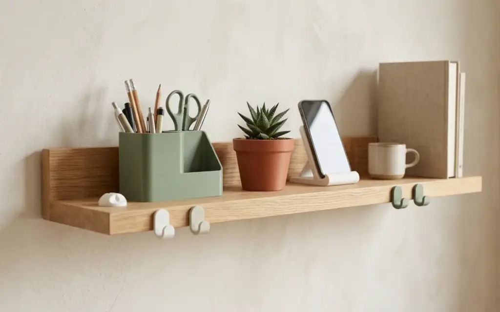 A shelf with a printed organiser, planter, phone stand and hooks