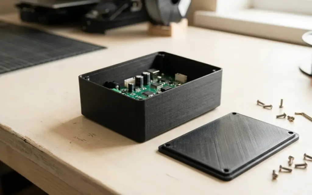 A black PETG enclosure with a circuit board inside and the lid beside it