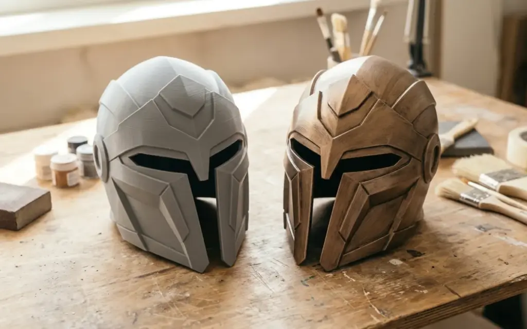 A 3D-printed PLA cosplay helmet: one grey, one painted