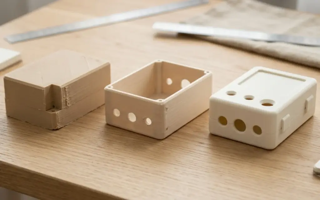 Three versions of a PLA enclosure prototype — from the first to the final one