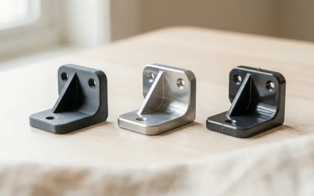 Three identical brackets: printed in PLA, milled from aluminium and cast