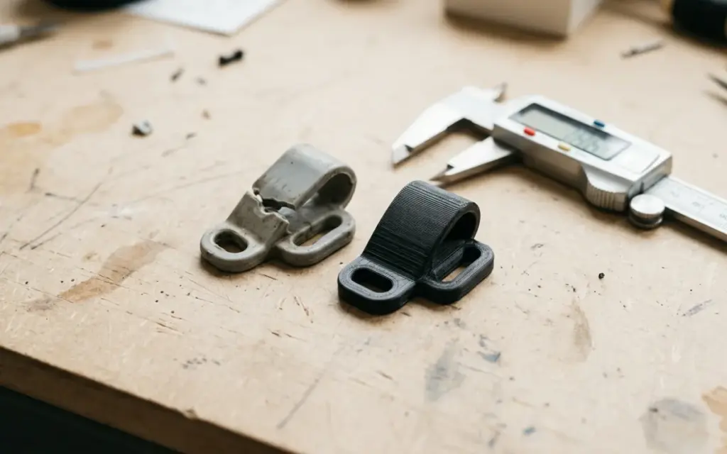 A broken plastic clip next to a new one printed in PETG