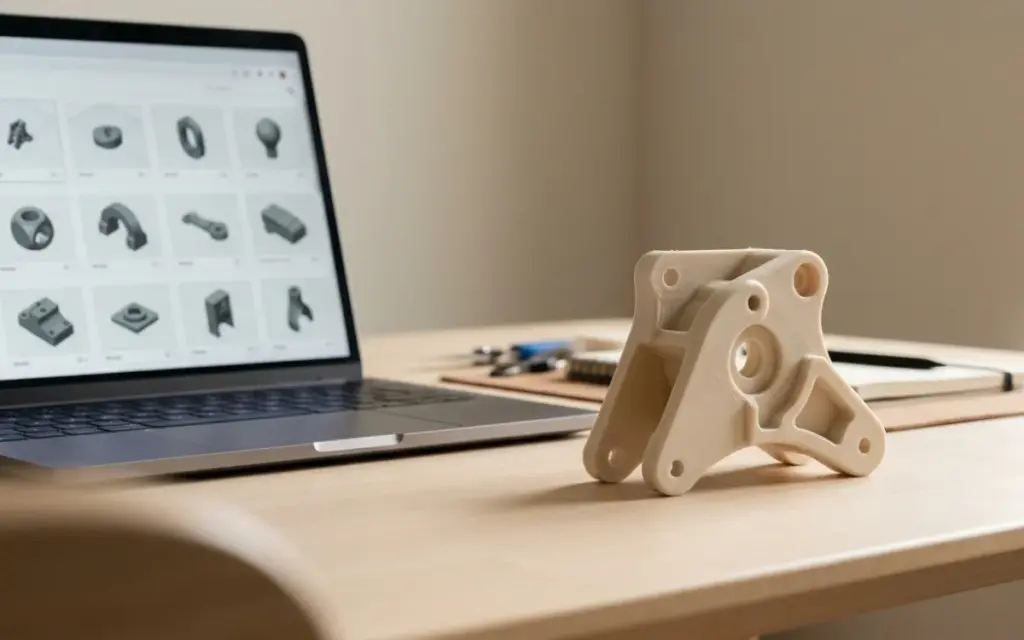 A laptop showing a catalogue of 3D models and a model printed from it