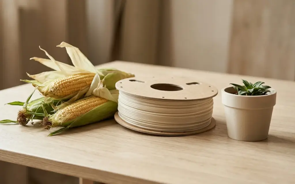 A spool of PLA next to corn cobs and a printed planter