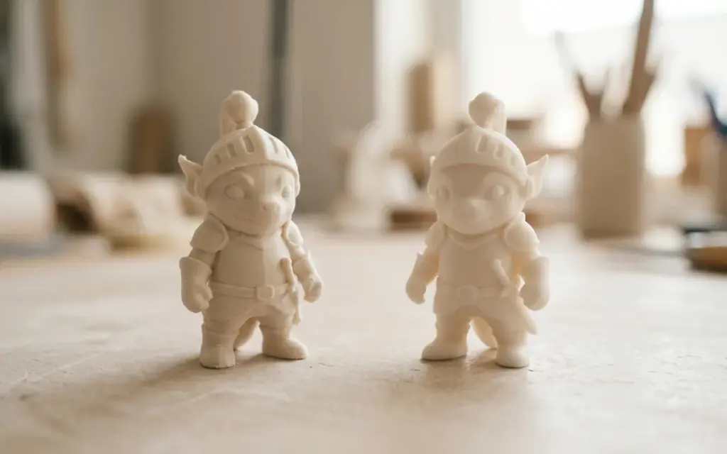 Two identical figurines: one in PLA with visible layers, a smooth one in resin