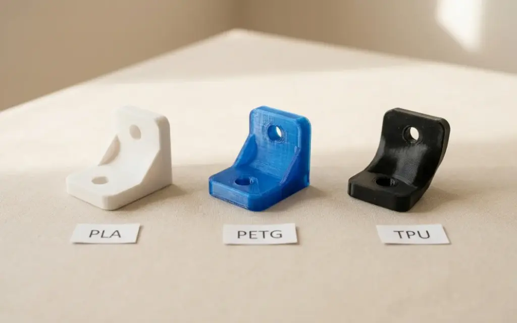 The same bracket printed in PLA, PETG and TPU, with labels