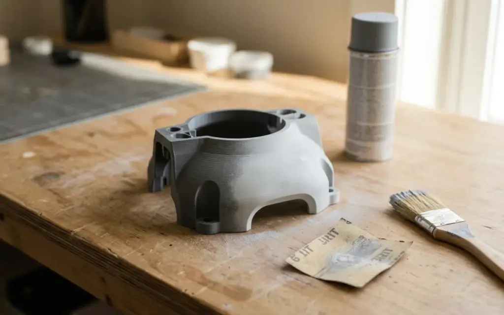 A PLA part half sanded and primed, with sandpaper and a brush