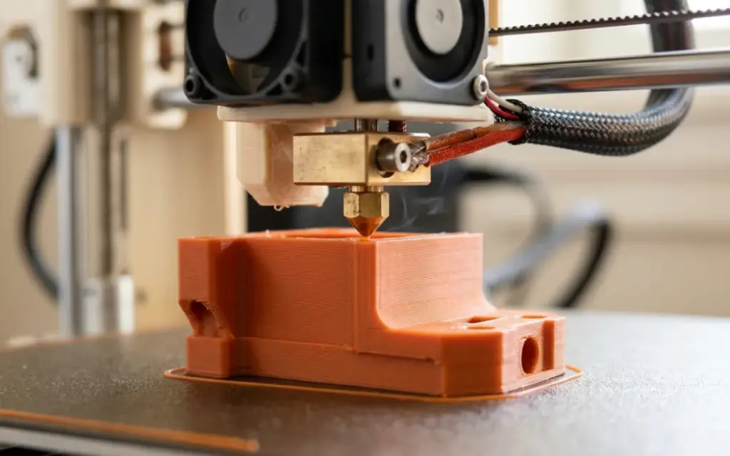 An FDM printer nozzle printing a part in orange PLA, with the layers visible