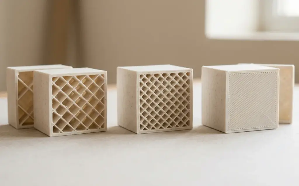 Three PLA cubes cut in half: sparse, medium and solid infill