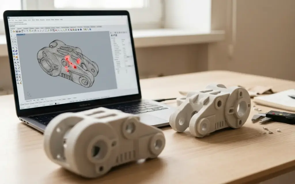A laptop showing an STL model with mesh errors highlighted, next to a printed part