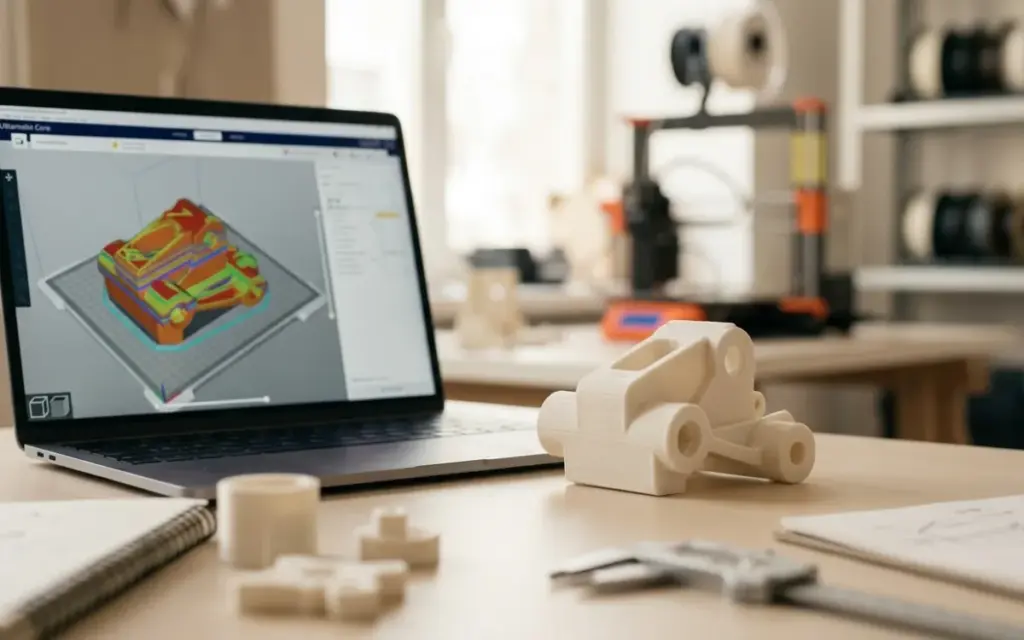 A laptop showing a model cut into layers by a slicer, with the finished part beside it