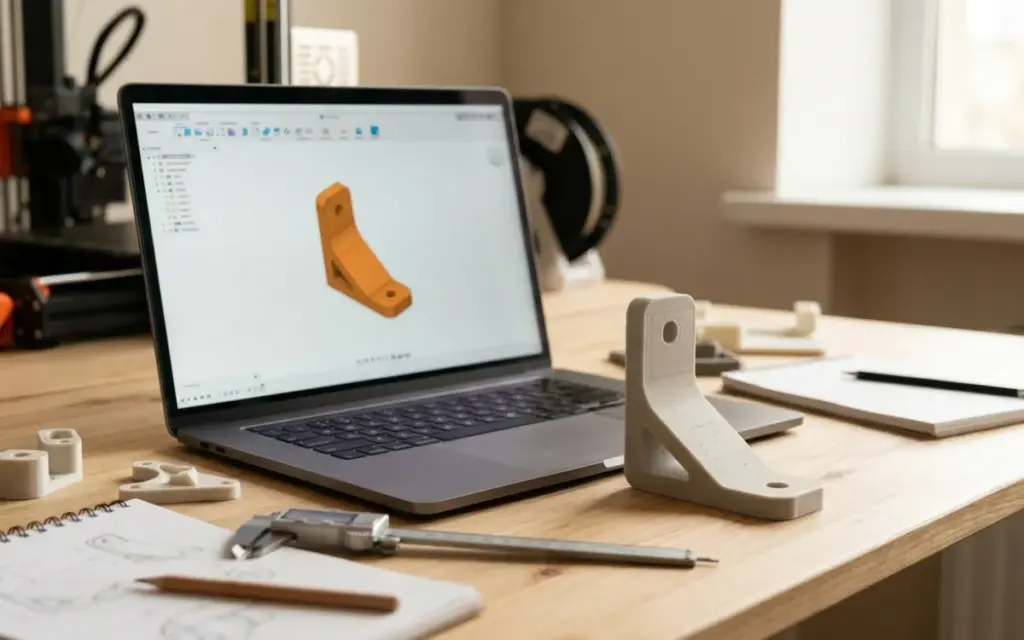 A laptop showing a simple CAD model of a bracket, and the same bracket in PLA