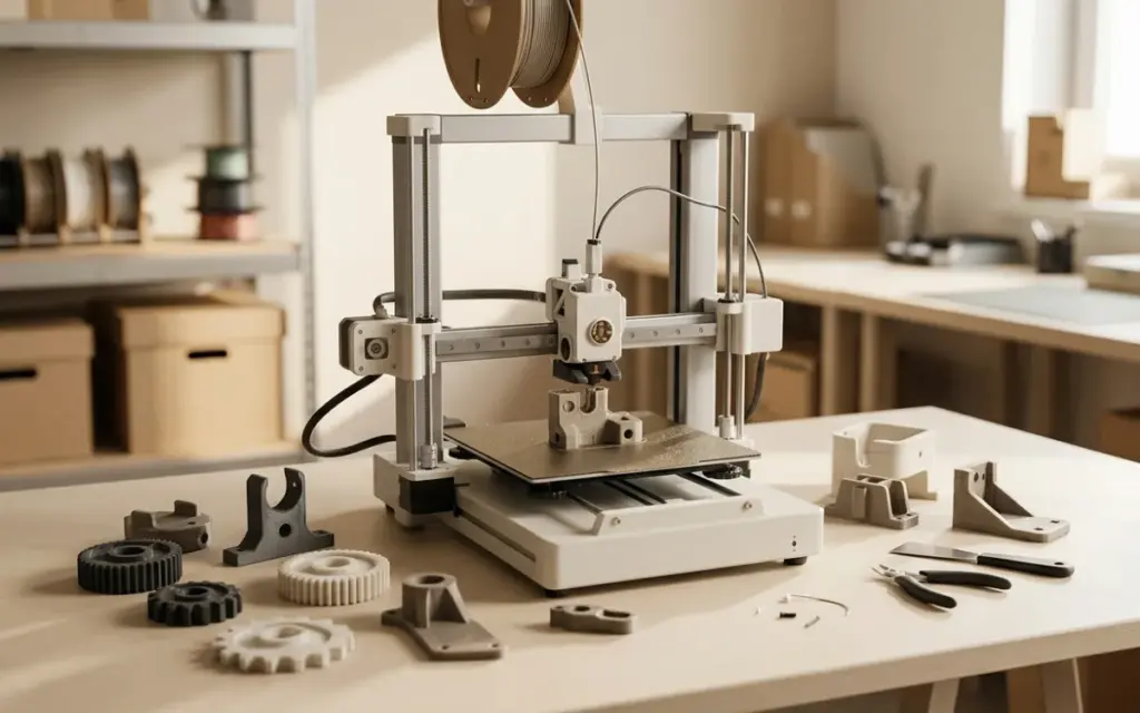 A 3D printer printing a part, with finished orders on the table