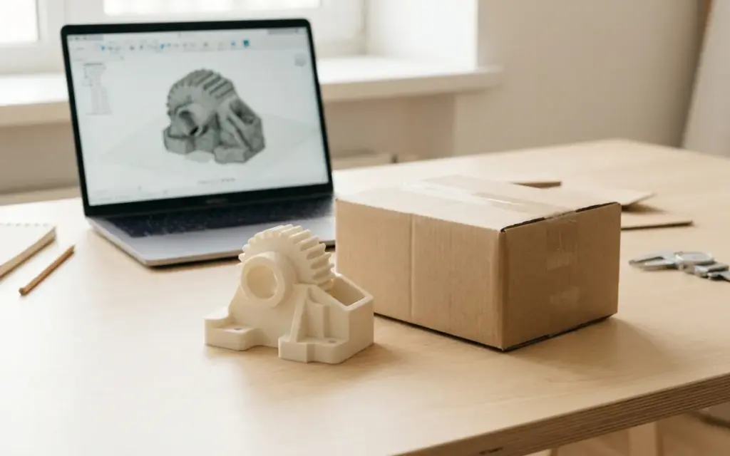 A laptop showing a 3D model, a finished part and a sealed parcel on a desk