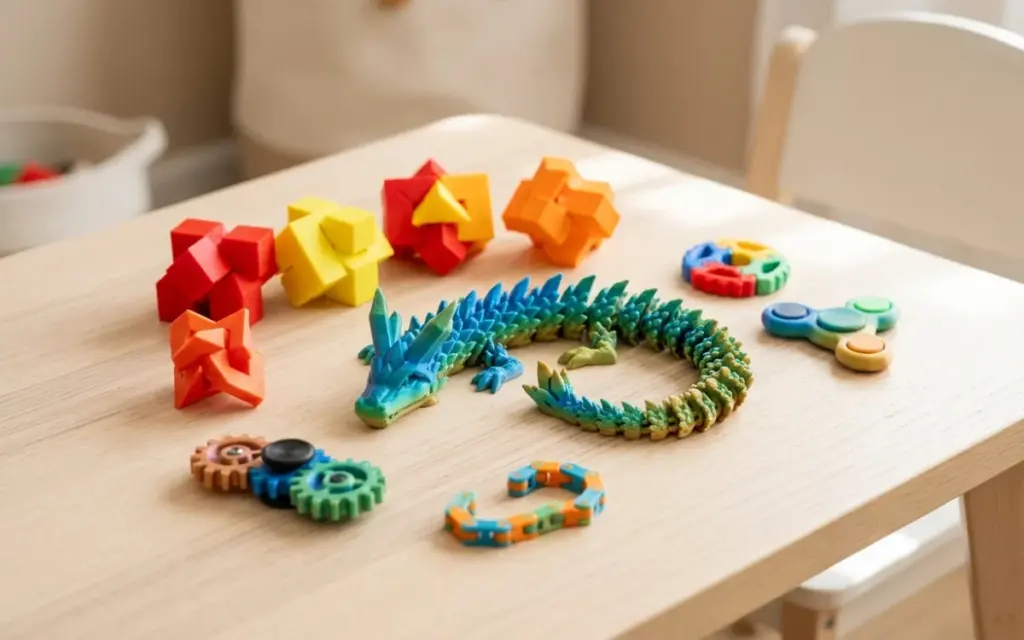 Bright PLA puzzle toys and an articulated dragon on a child’s desk