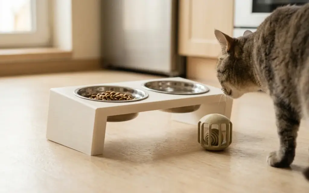 A bowl stand and a PLA toy with a cat beside them