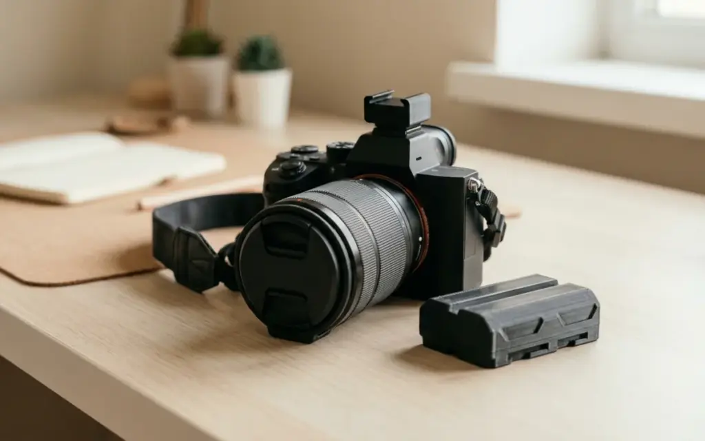 A camera with a printed lens cap holder, a battery case and a PETG mount
