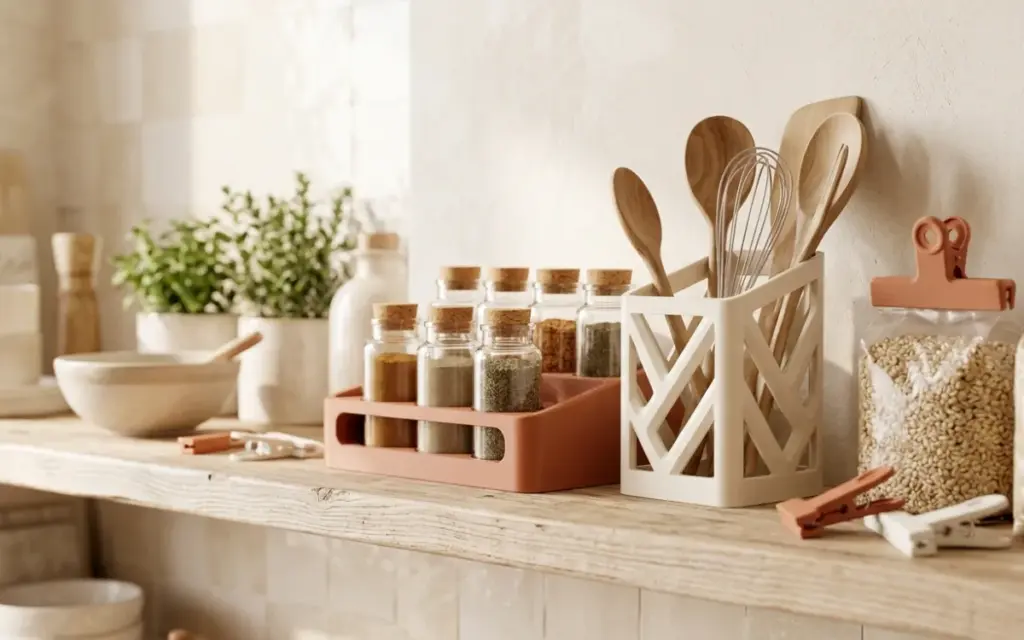 A spice rack, a utensil organiser and PETG clips in a kitchen