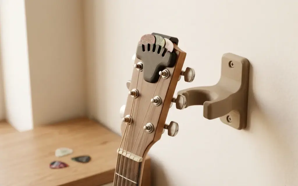 A PLA pick holder on a guitar neck and a wall mount