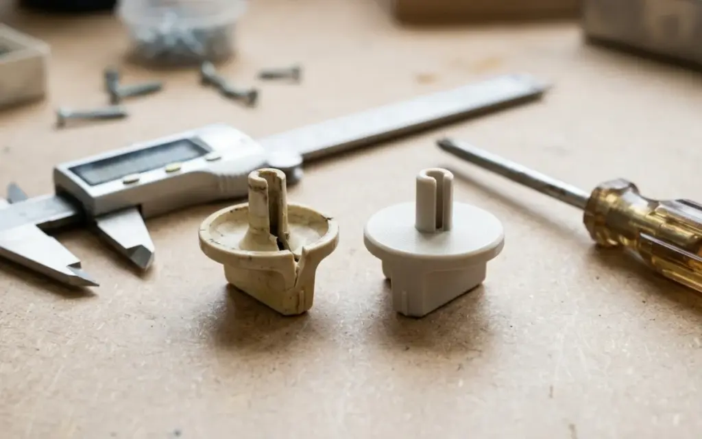 A broken appliance handle next to a new one printed in PETG