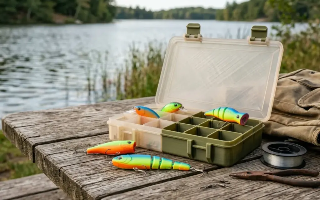 Printed lures and a PETG tackle box on a table by a lake