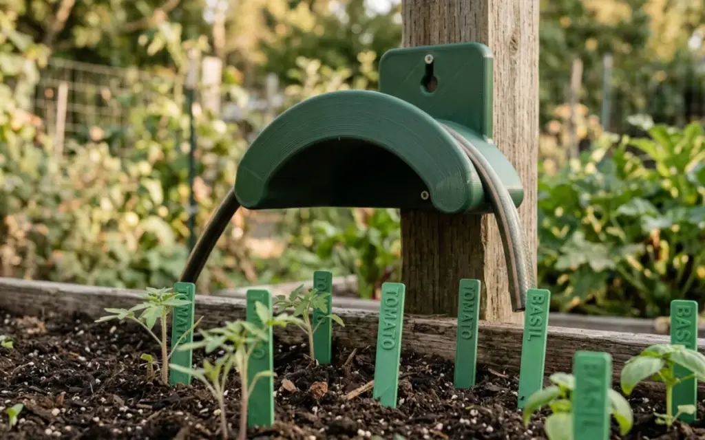 A hose holder and PETG bed markers in a vegetable garden