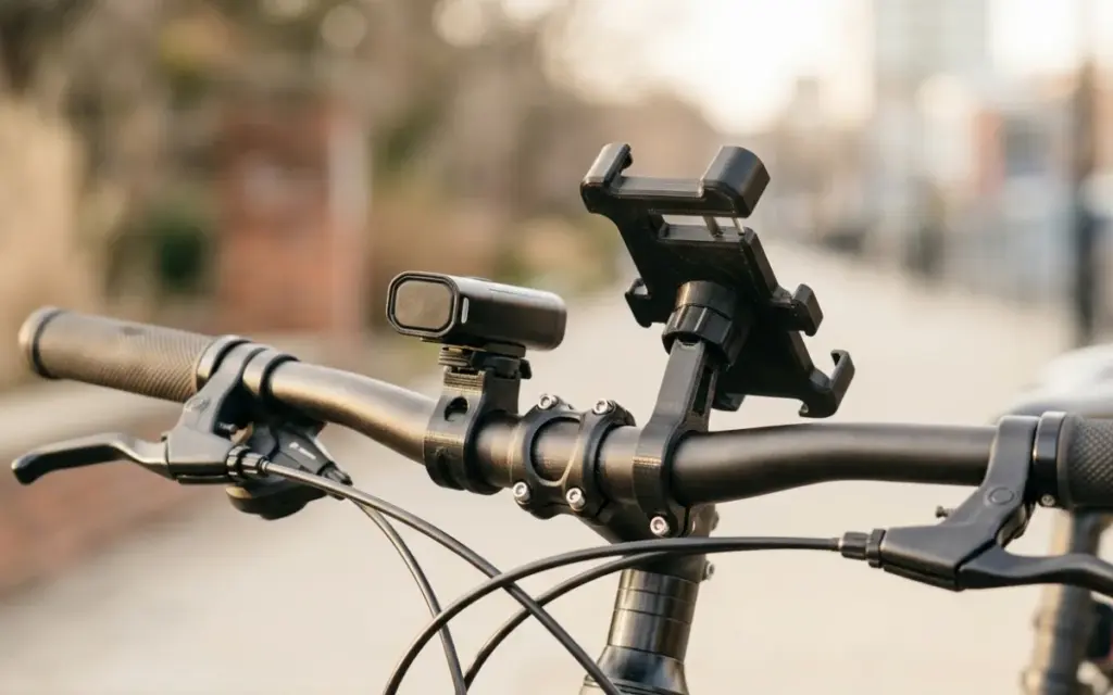 Printed PETG light mounts and a phone holder on a bicycle handlebar