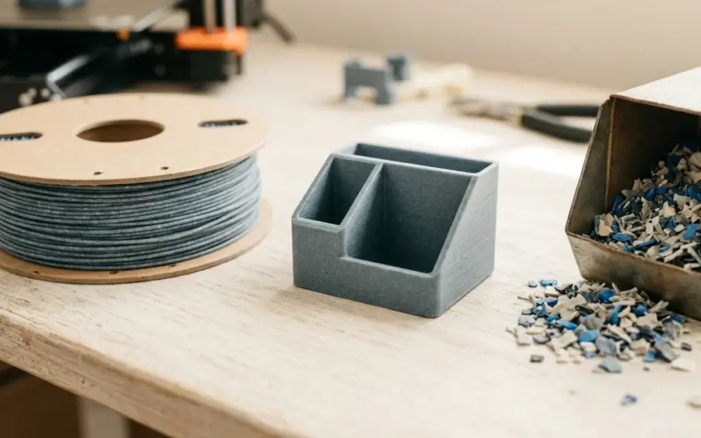 A spool of recycled-plastic filament and an item printed from it