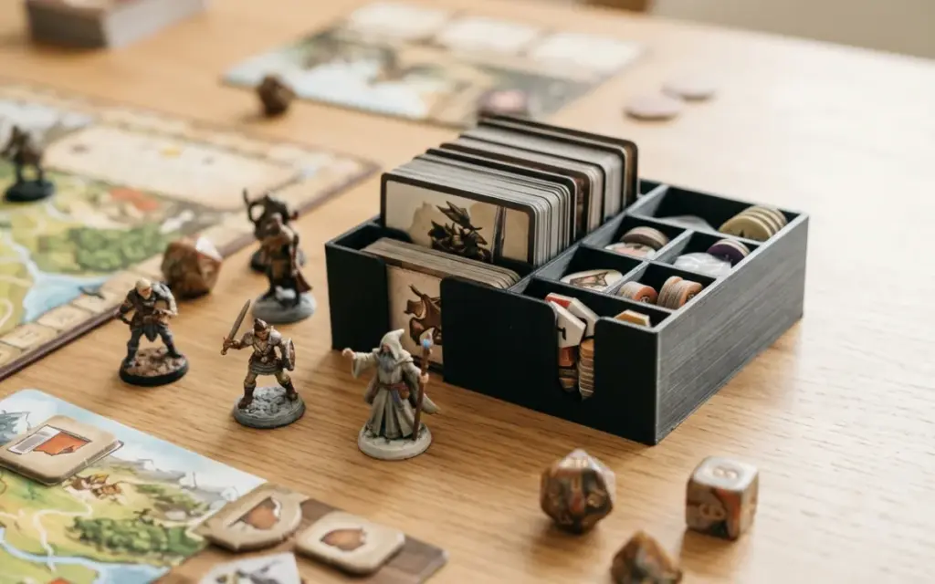 Painted miniatures and a PLA card organiser on a game board