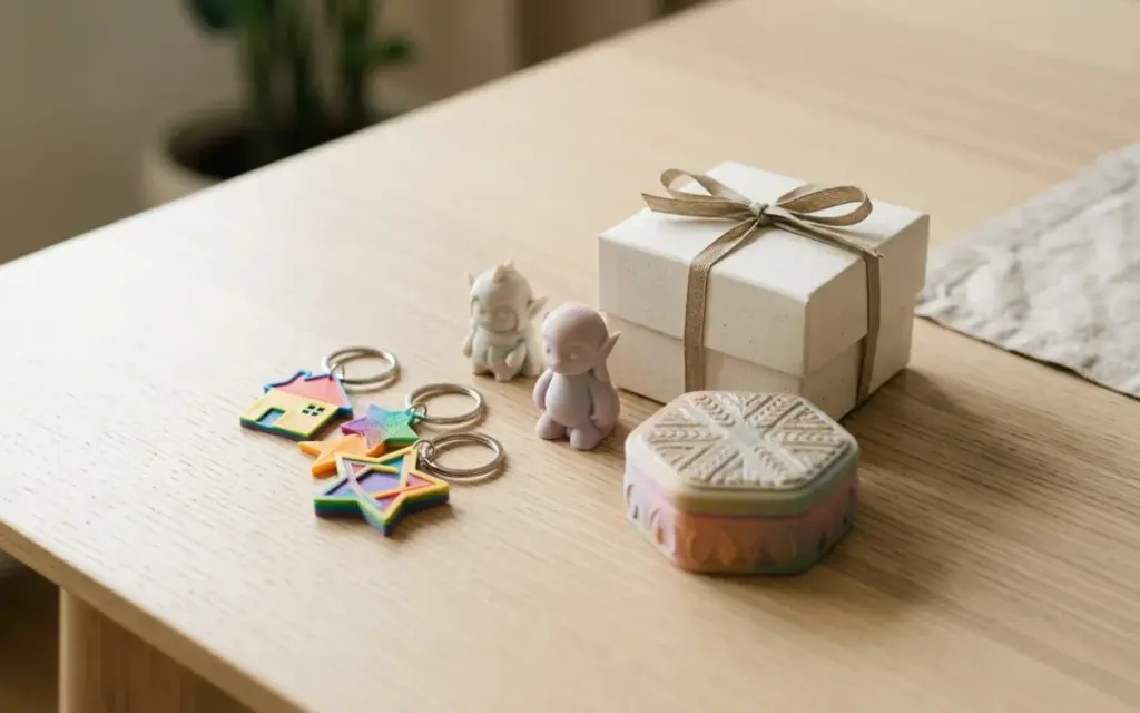 PLA gifts — keyrings, a figurine and a decorative box — next to a gift box