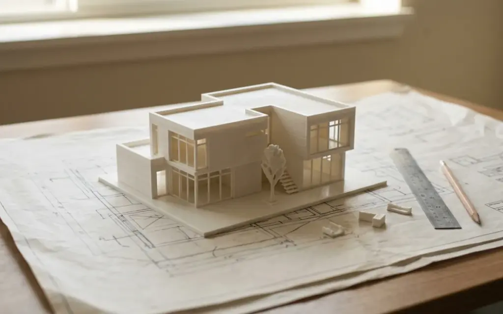 A white PLA architectural model of a house on top of drawings