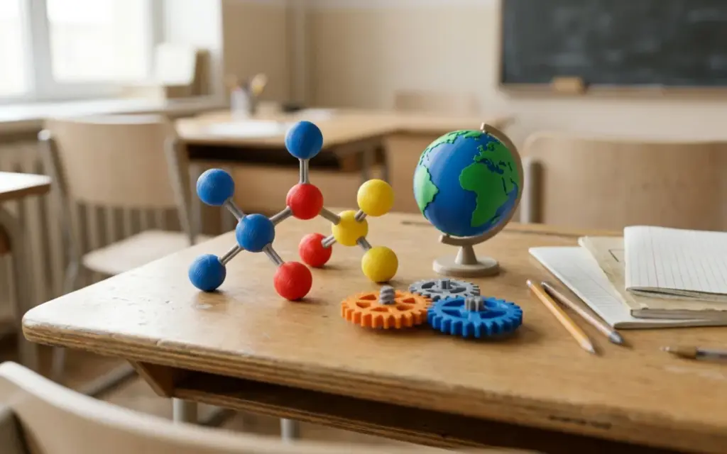 PLA teaching models — a molecule, a globe and gears — on a school desk