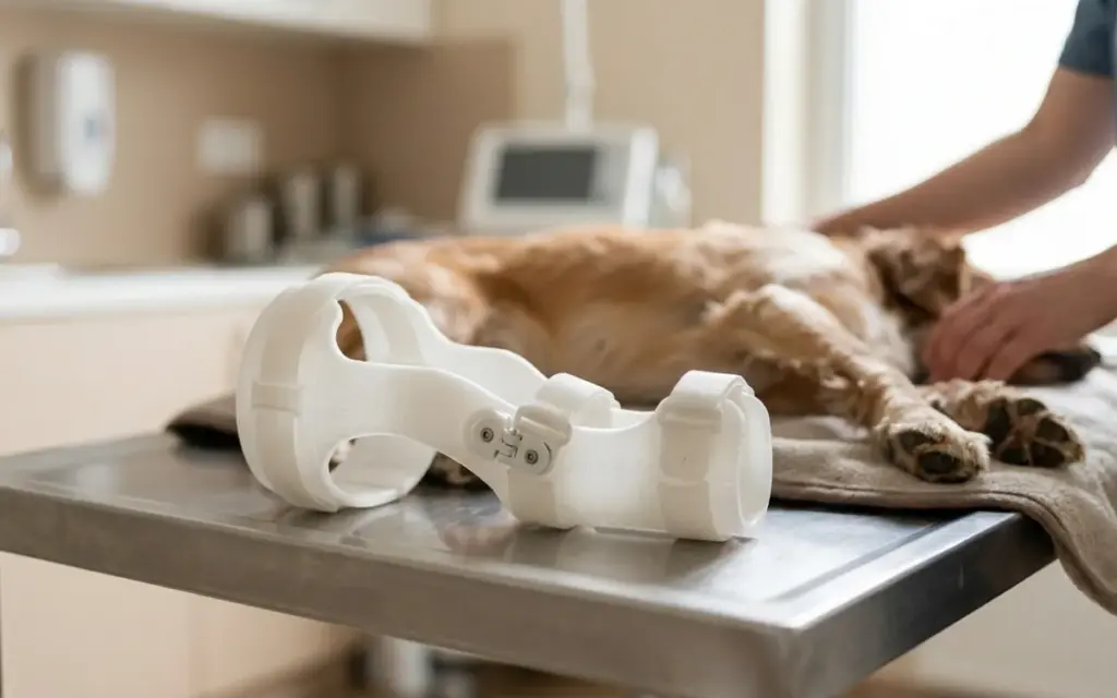 A PETG orthosis for a dog’s paw on a vet’s table, with the dog beside it