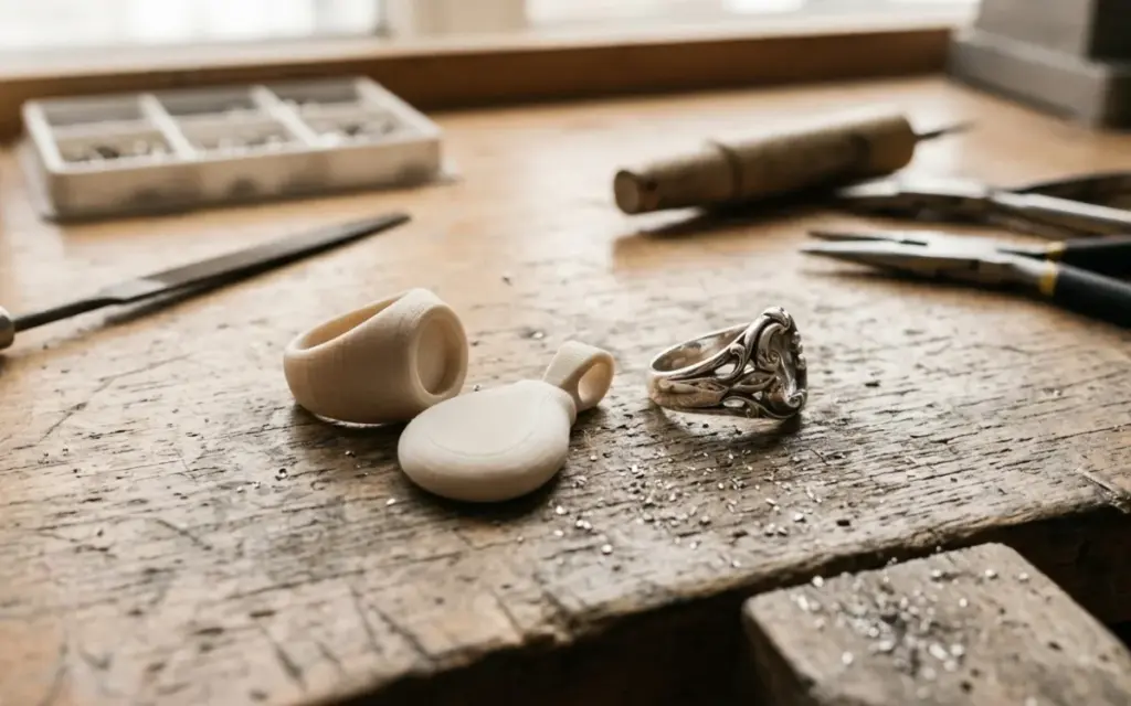 PLA prototypes of a ring and a pendant next to a silver ring