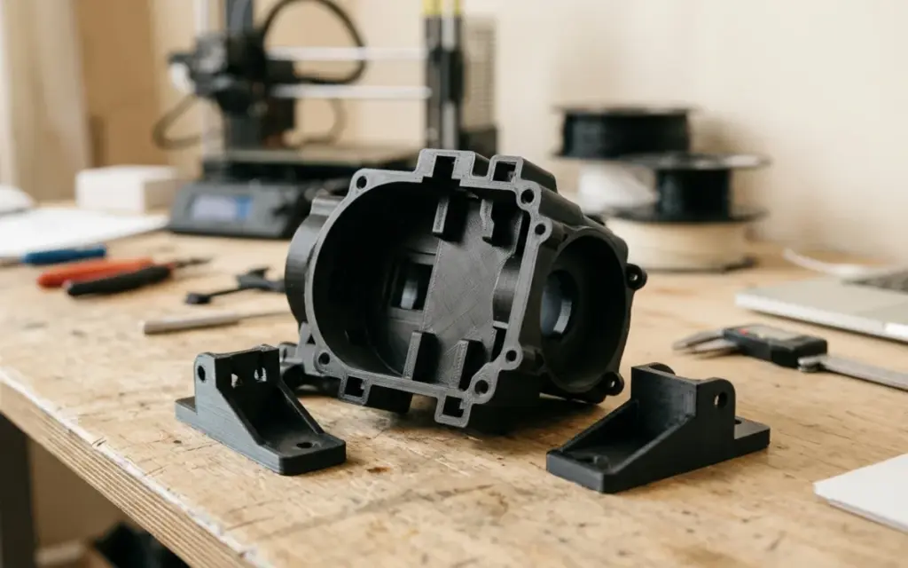 Technical parts in matte black ABS on a workbench