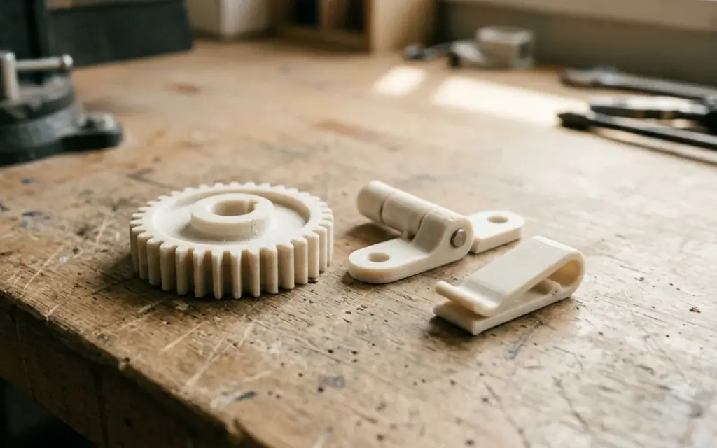 Tough nylon parts — a gear, a hinge and a clamp — on a workbench
