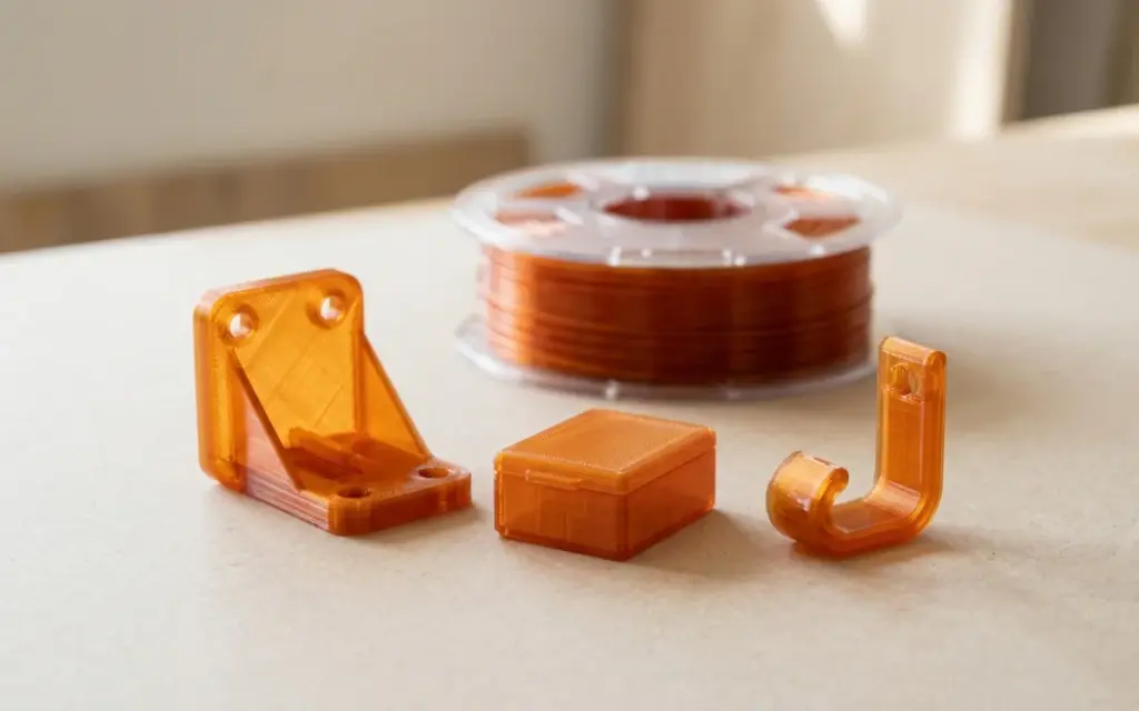 Glossy translucent PETG parts and a spool of PETG