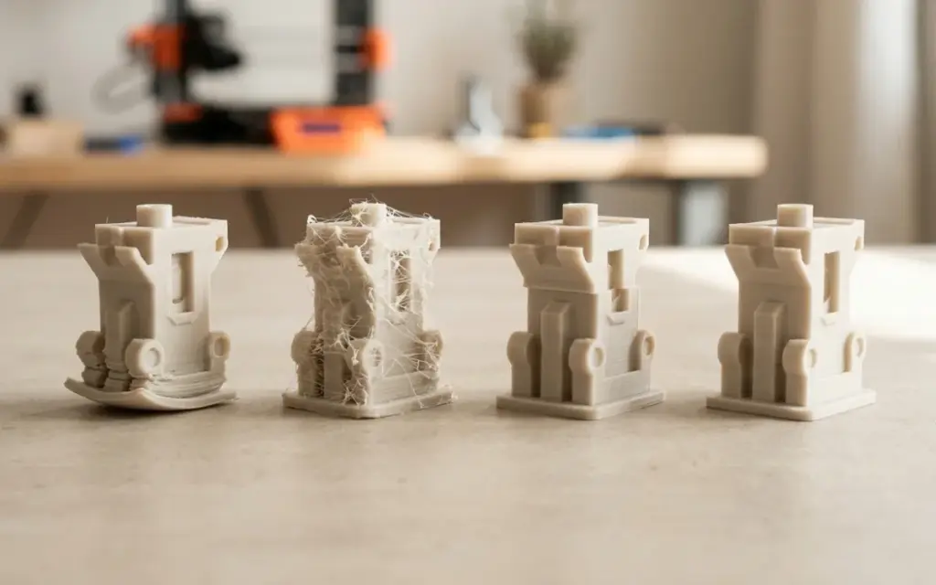 Failed prints — stringing, warping, layer shift — next to a successful one