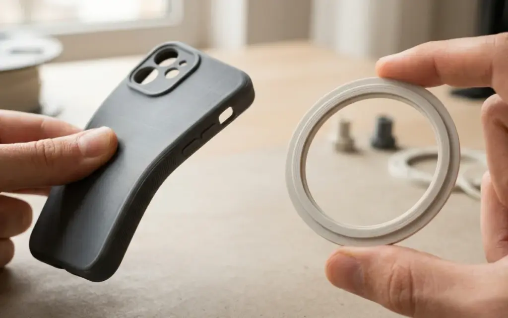 A flexible TPU phone case and gasket being bent between fingers