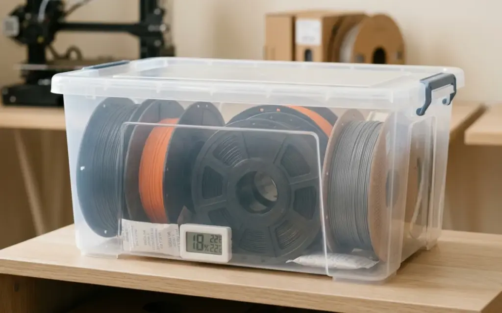 PLA and PETG spools in a sealed box with silica gel and a hygrometer