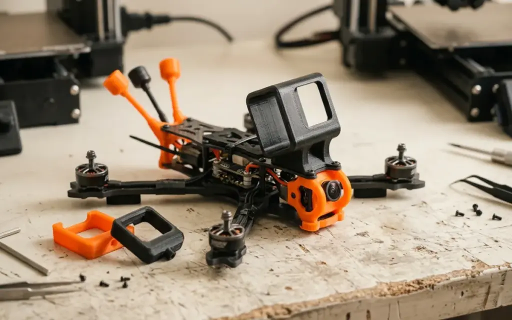 An FPV drone with printed TPU and PETG antenna and camera mounts