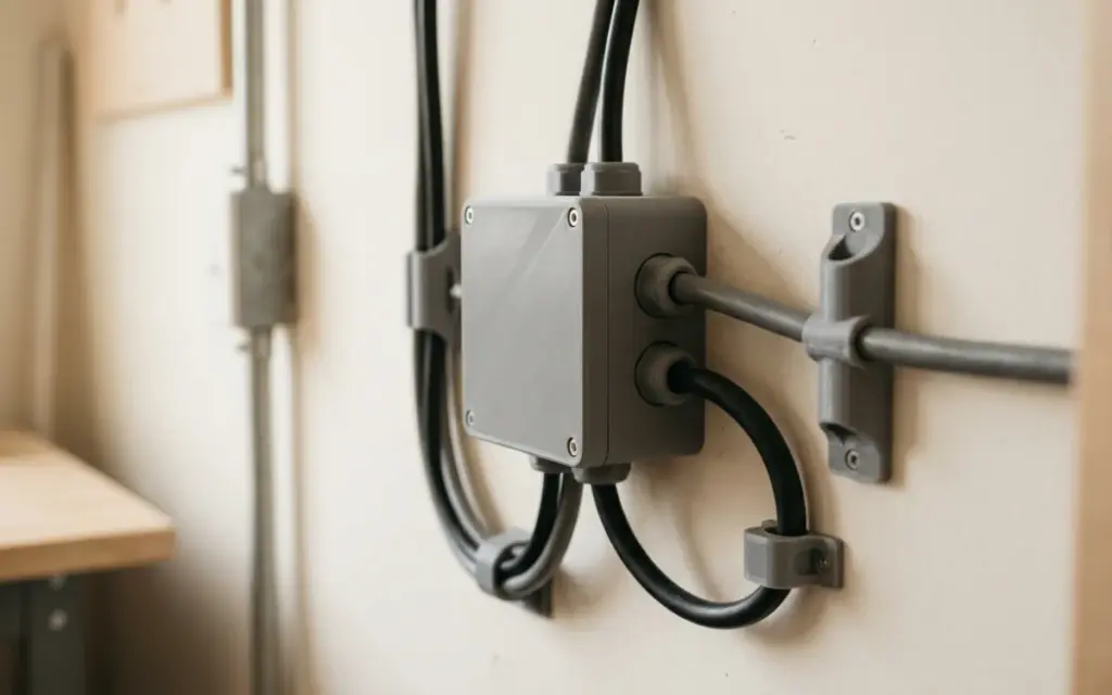 A junction box and cable holders in grey PETG on a wall