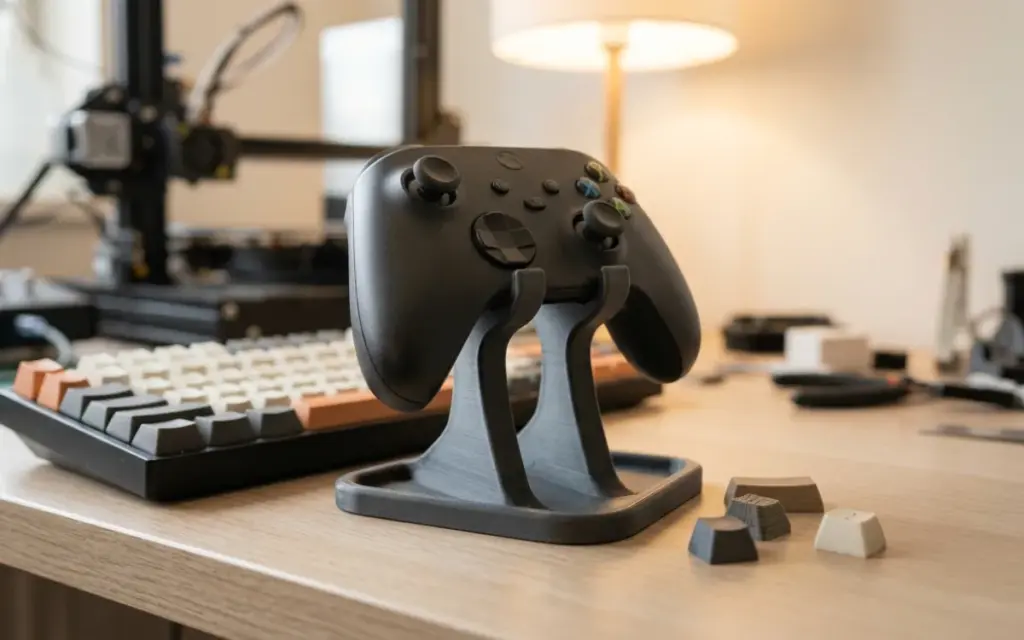 A controller stand and PLA keycaps next to a mechanical keyboard