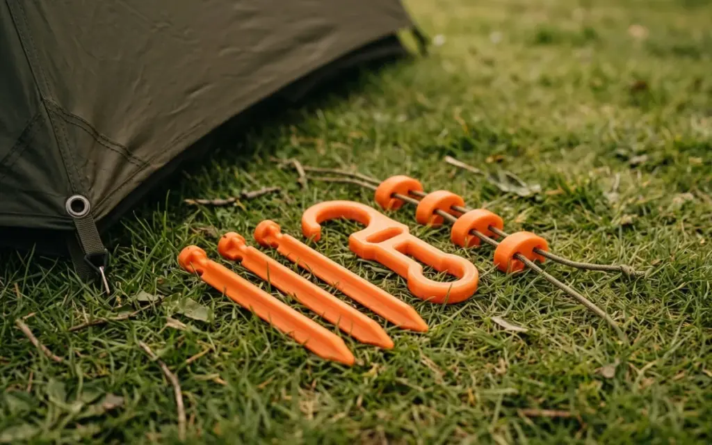 Orange tent pegs, a lantern hook and PETG clips beside a tent