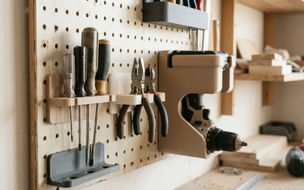 Printed PETG tool holders on a pegboard in a workshop