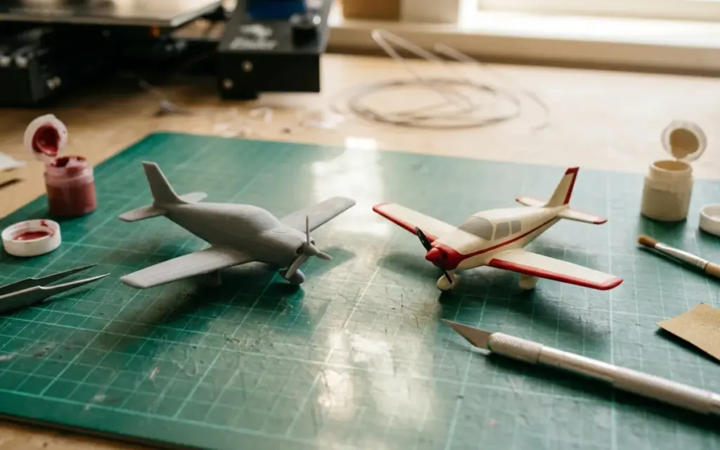 Two PLA aircraft models, one raw and one painted, on a cutting mat