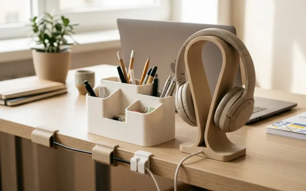A PLA pen organiser, headphone stand and cable holders on a desk