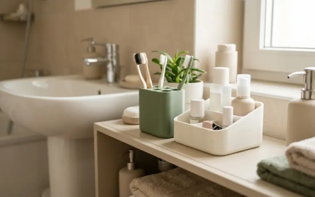 A PETG toothbrush holder and organiser next to a washbasin
