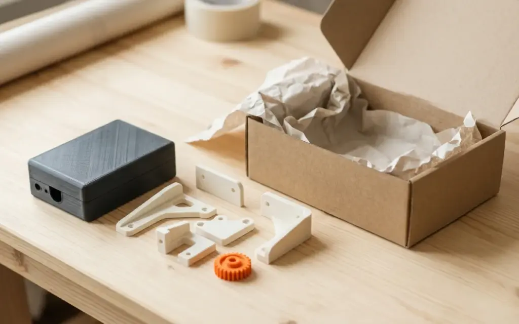 Printed PLA and PETG parts next to a box being packed for shipping